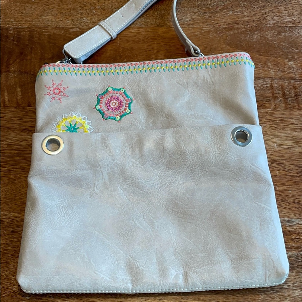 Desigual Cream Crossbody Bag with Multicolor Embroidered Medallions